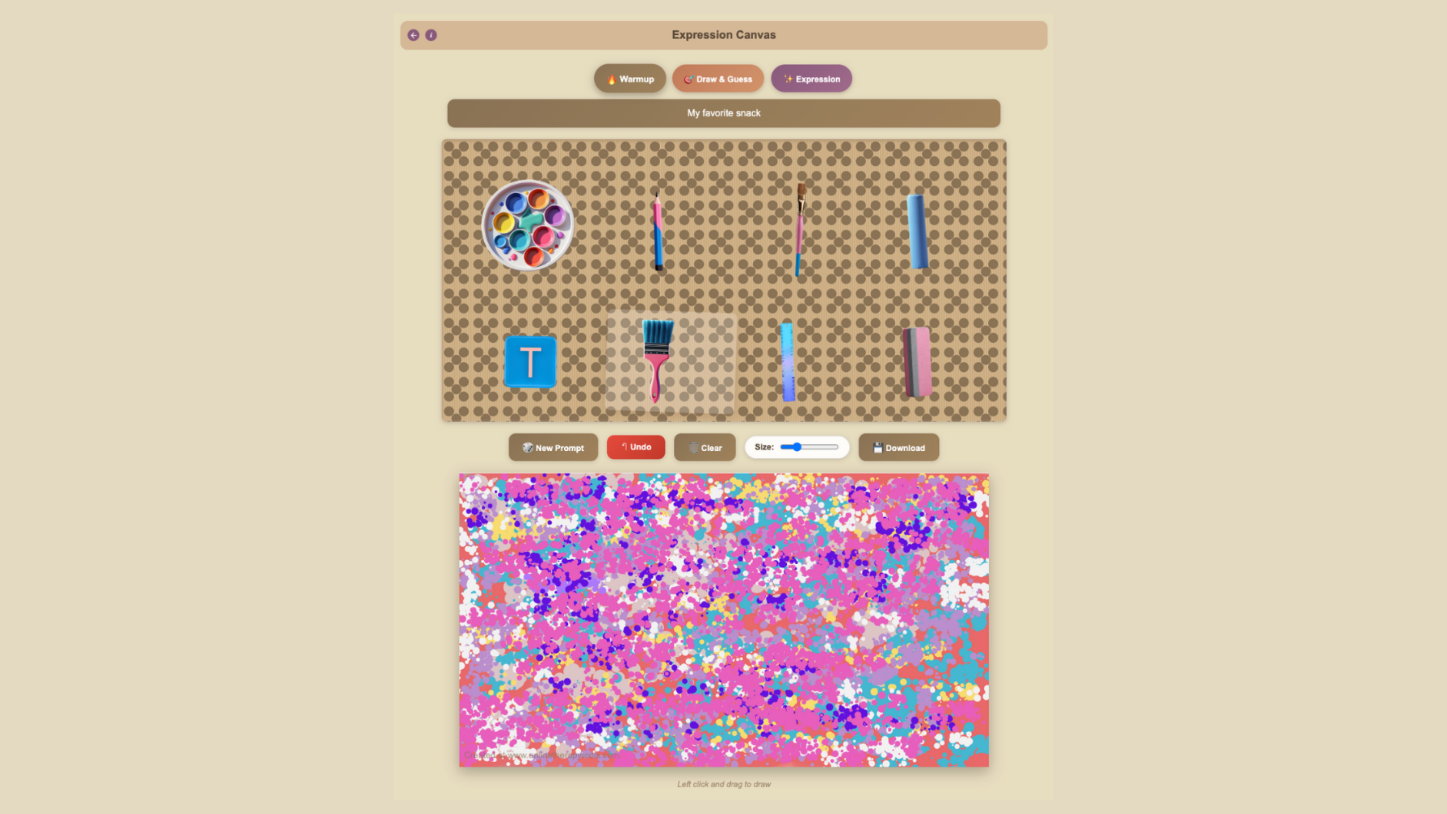 Help clients express themselves through fun online art therapy tools like the paint brush or splatter tool